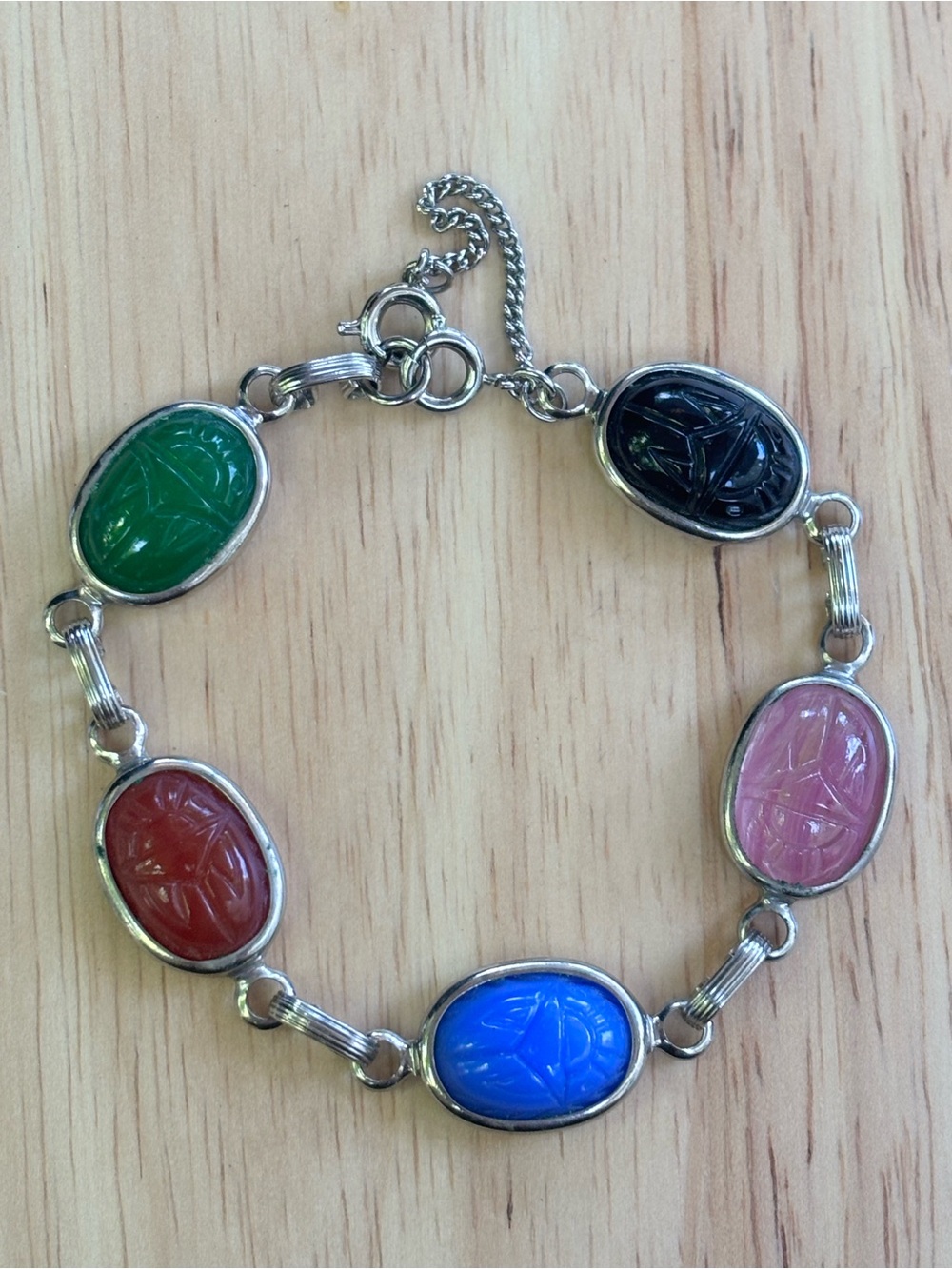Vintage Scarab Bracelet Egyptian Revival Multicolor Carved Stone Link Bracelet